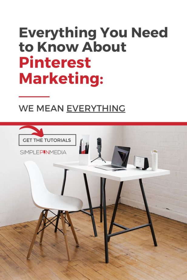 minimalist work space - text overlay "Everything you need to know about Pinterest marketing".