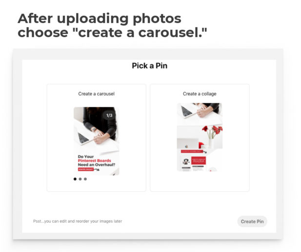 screenshot showing how to upload Pinterest carousel pins (step 1).
