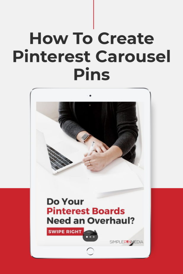tablet displaying a Pinterest pin. Text overlay "How to create Pinterest carousel pins"