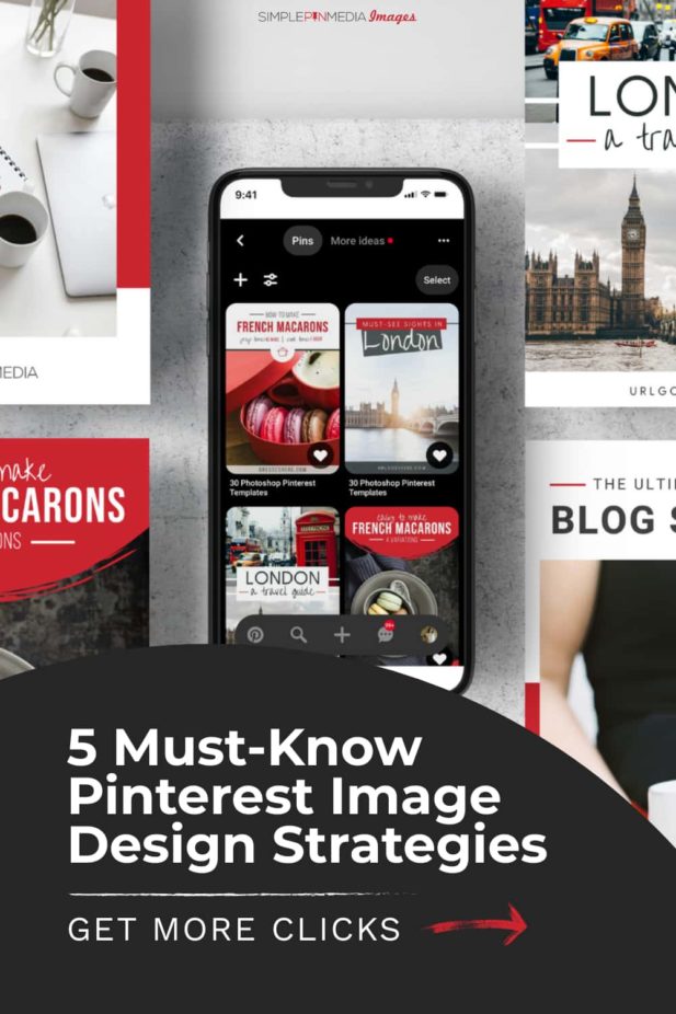 mobile phone displaying Pinterest images. Text overlay "5 Must-know Pinterest image design strategies".