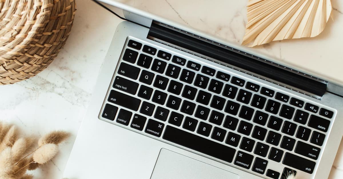 computer laptop on desk surrounded by natural elements.