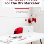 minimalist workspace - text overlay "promoted pin tips for the DIY marketer, listen now".