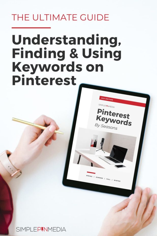 Text -- "understanding, finding & using keywords on Pinterest", plus image of iPad showing planning guide.