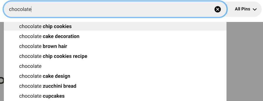Pinterest search bar searching for "chocolate".