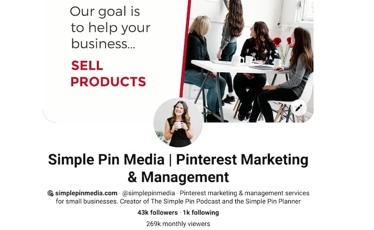 A completed Pinterest profile for Simple Pin Media.