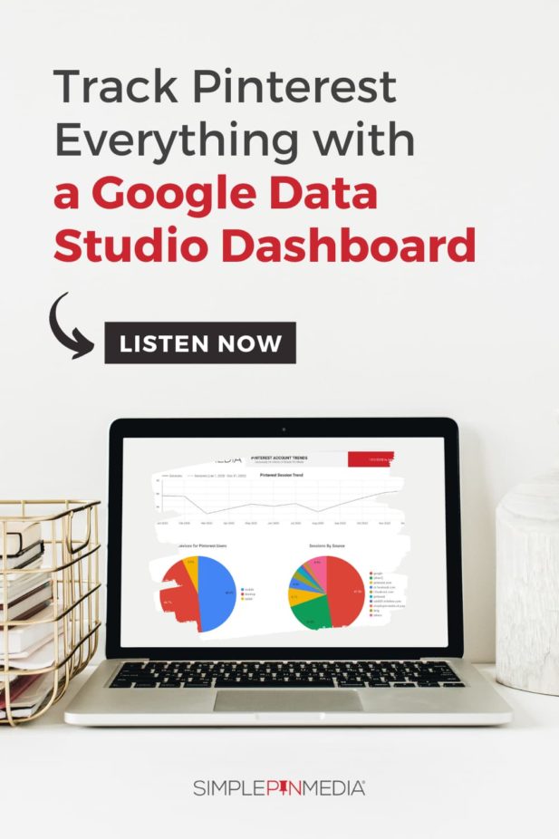 computer with Google dashboard displayed - text "Tracking Pinterest Everything with a Google Data Studio Dashboard".