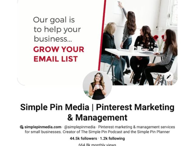 Screenshot of Pinterest profile (title, header image and description) for Simple Pin Media.