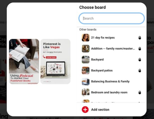 screenshot of the Pinterest board section process.