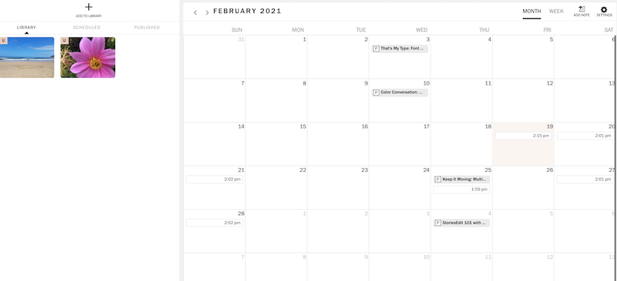 screenshot of Planoly social media scheduler calendar view.