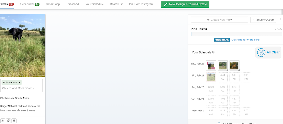 screenshot of Tailwind Pinterest scheduling tool.
