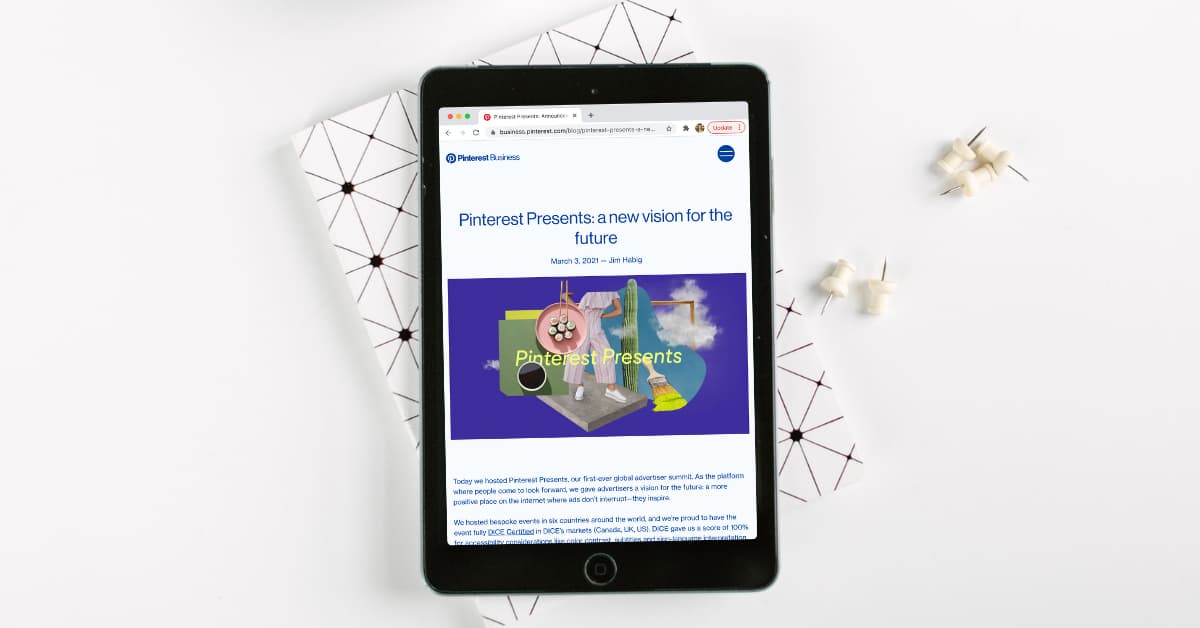 Tablet displaying article about Pinterest Presents event.