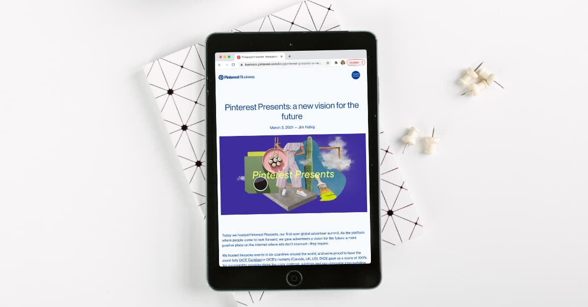 Tablet displaying article about Pinterest Presents event.
