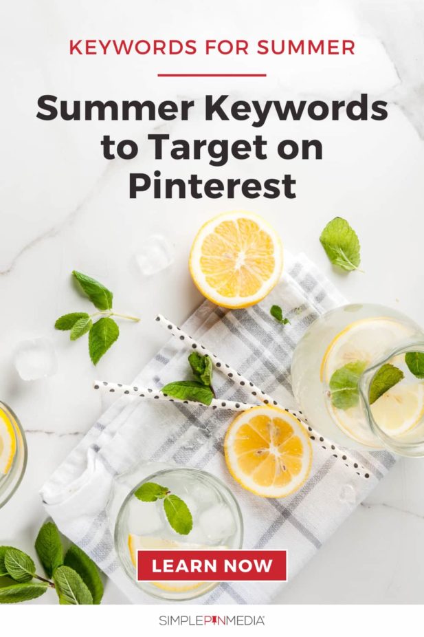 beverage in glass with cut lemons - text "Summer Keywords to Target on Pinterest"