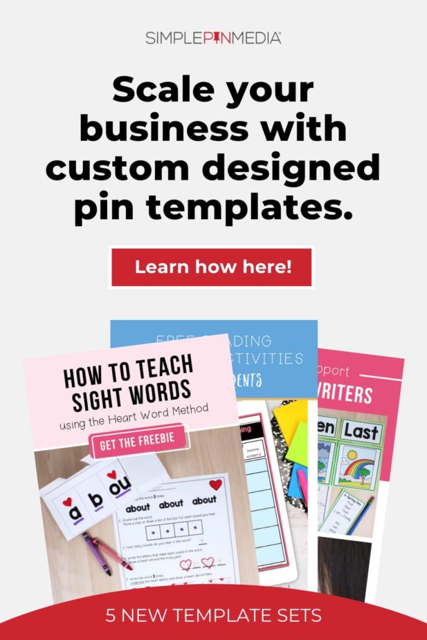 examples of pin templates - text "scale your business with custom designed pin templates, learn how here".