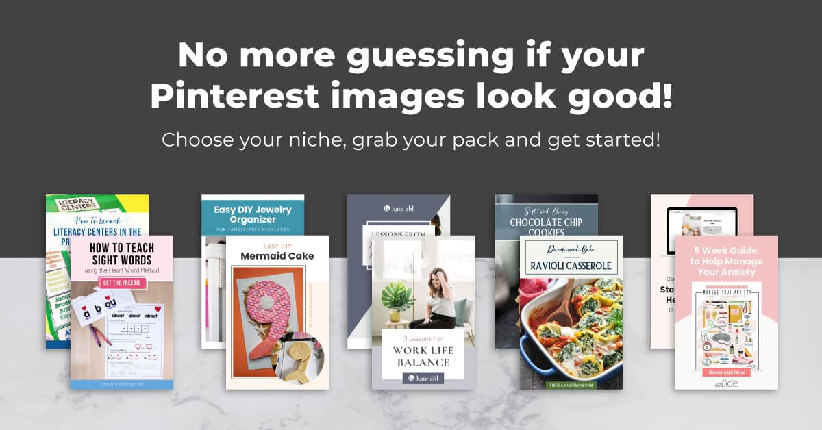 layout of five categories of pinterest pin templates -- text "no more guessing if your pinterest images look good! choose your niche, grab your pack and get started!".
