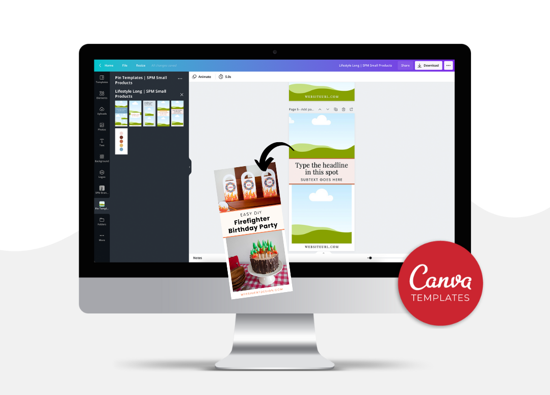 computer screen with mockup of pin template - text "canva templates".