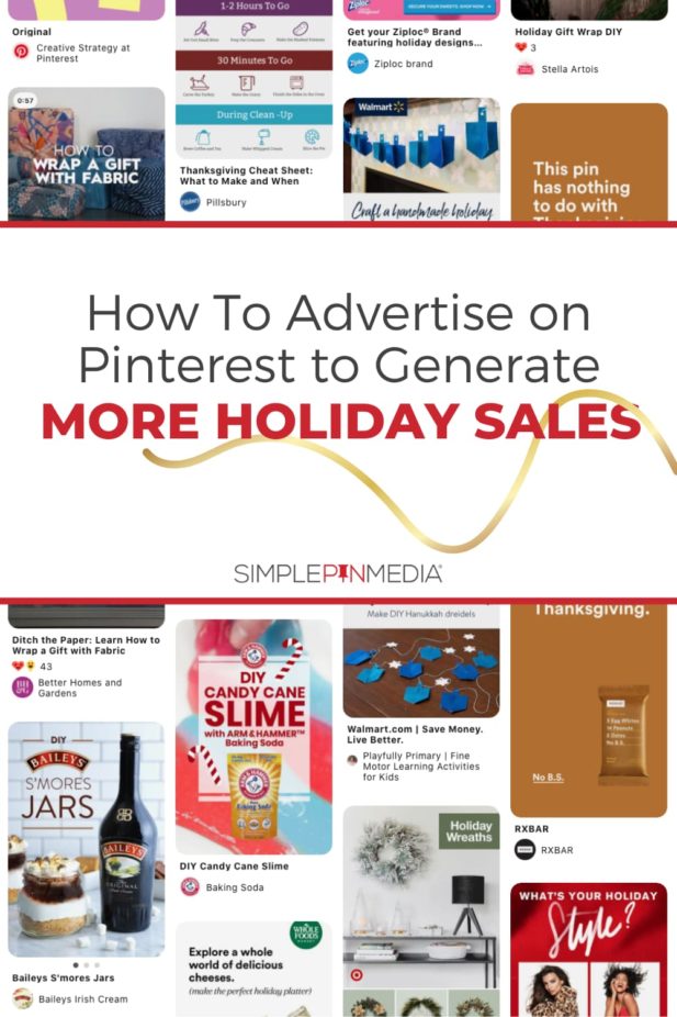 collage of promoted pins on Pinterest - text "How to Advertise on Pinterest to Generate More Holiday Sales".