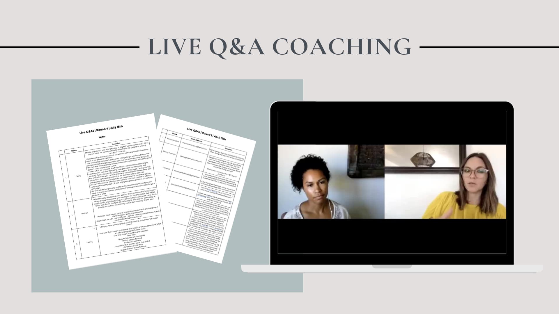 Computer screen with a screen-shot of a Zoom call with two women, and two Simple Pin Ad Society worksheets. Image text overlay: "live Q&A coaching"