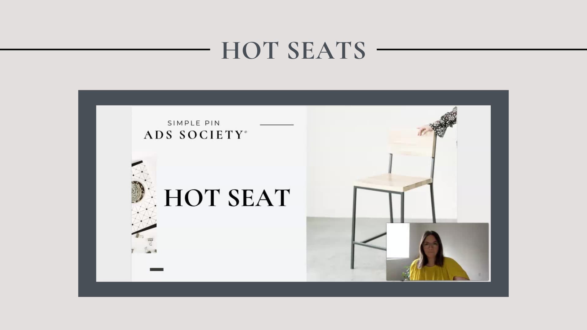 pinterest-ads-membership picture of a wood chair with black legs next to text on the screen that says hot seat.