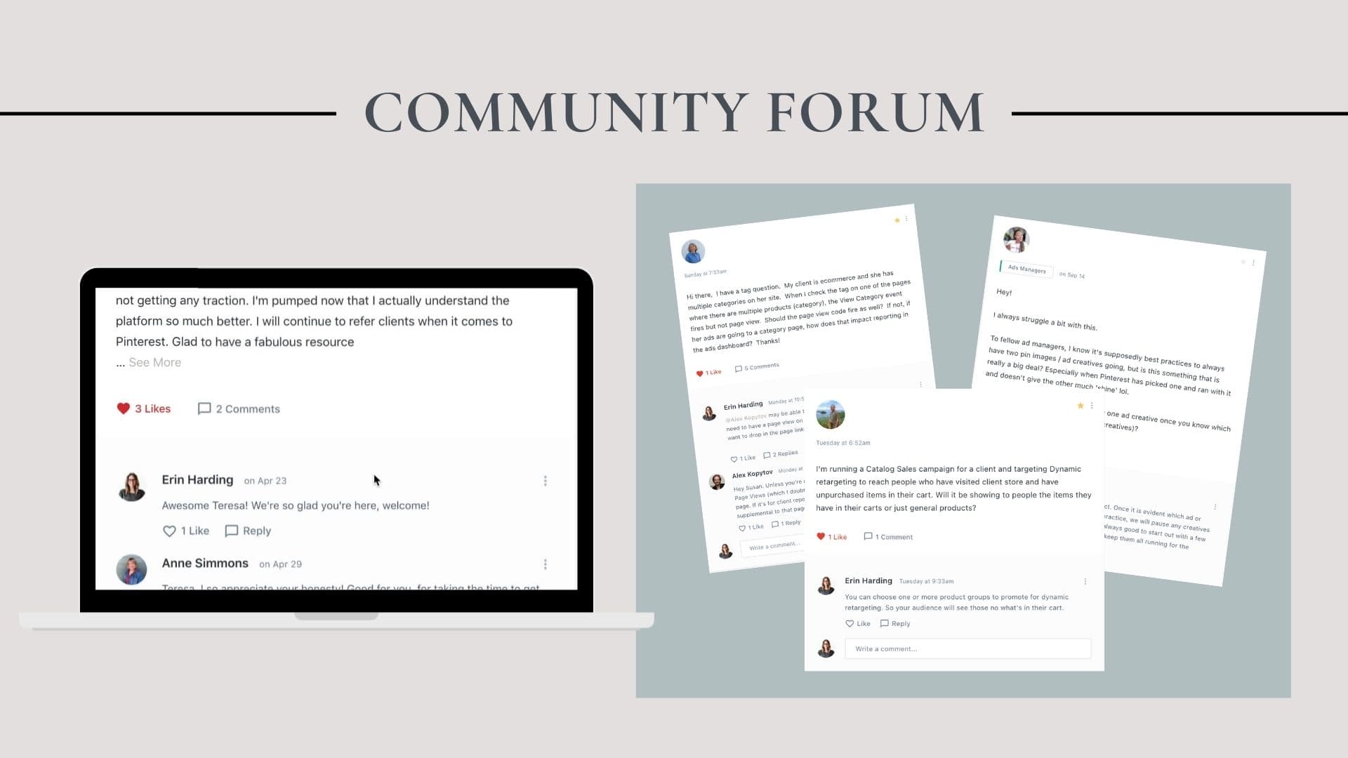Collaged image of social media forum posts and discussions from Simple Pin Ad Society members.