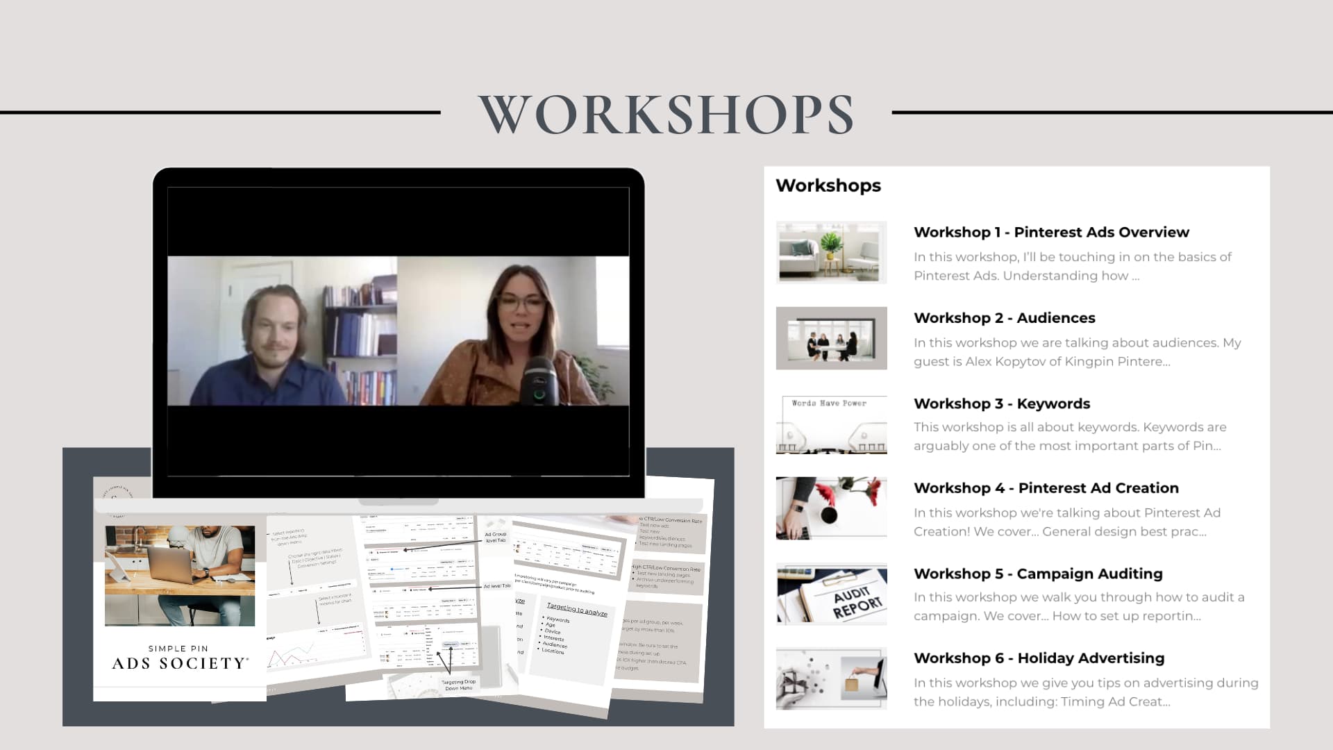 Screen capture of a Zoom meeting with two people, worksheets from the Ad Society class, and a screenshot of the lists of workshops from Simple Pin's Ad Society.