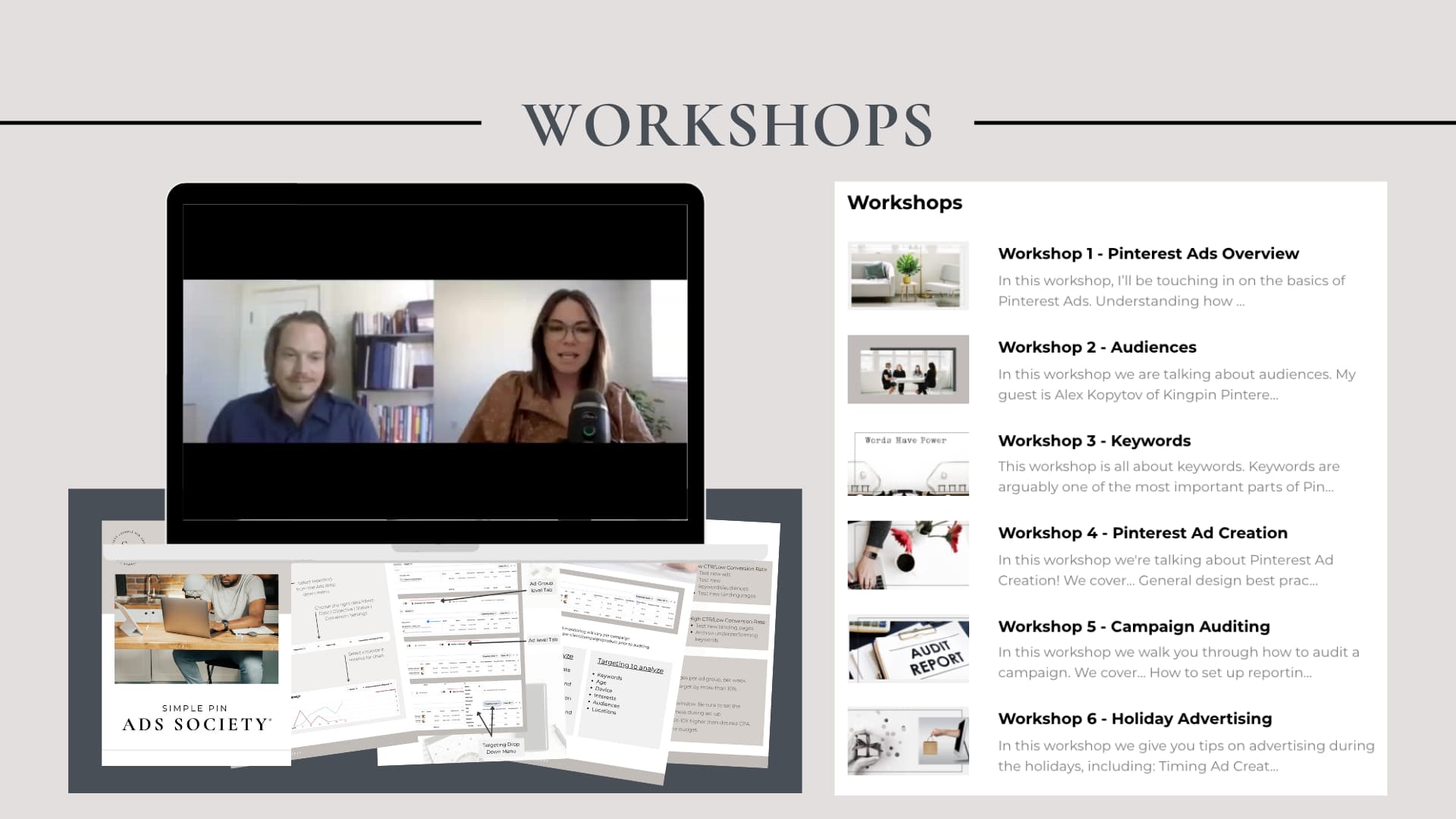 pinterest-ads-workshop screen capture of zoom call with man and woman next to list of workshop titles.