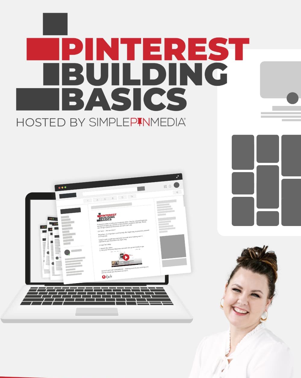 laptop screen with smiling woman - text "pinterest building basics, join this free email challenge to learn how to set up your business on pinterest in less than a week".
