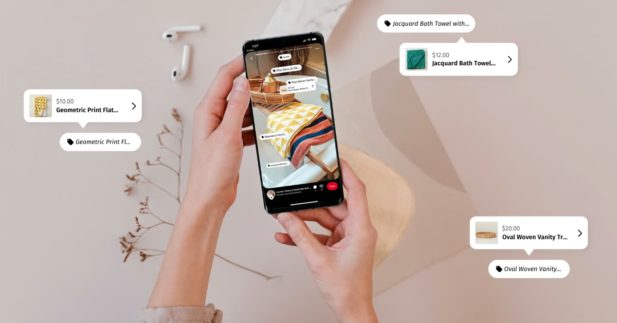 woman using Pinterest tagging feature on a phone.