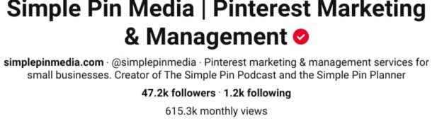 screenshot of Pinterest business account profile details.
