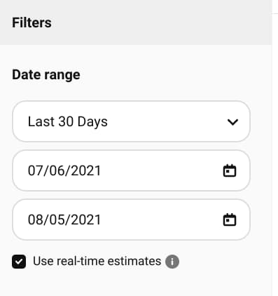 screenshot of Pinterest analytics date range filter.