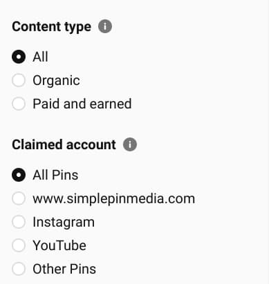 screenshot of Pinterest analytics content type and claimed account type filters.