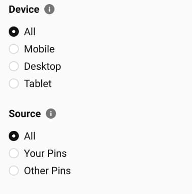 screenshot of Pinterest analytics pin source and device filter options.