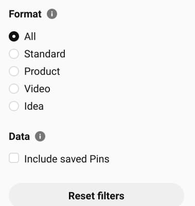 screenshot of Pinterest analytics pin format filter options.
