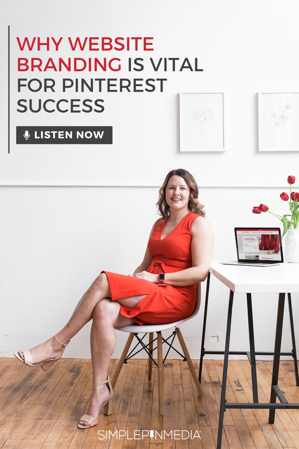 Kate Ahl in red dress sitting at desk - text "Why Website Branding is vital for Pinterest Success".