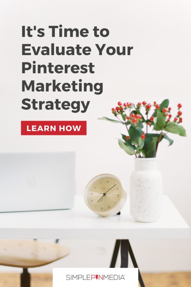 office desk with clock and flowers - text "It's Time to Evaluate Your Pinterest Marketing Strategy: Learn How".