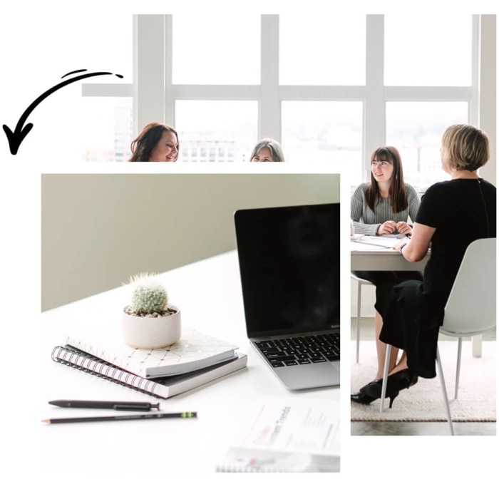 Simple Pin Media members at table - laptop on desk with notebook.