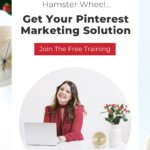 image of smiling woman sitting at desk with laptop with text - "hop off the pinterest hamster wheel.. get your pinterest marketing solution - join the free training".