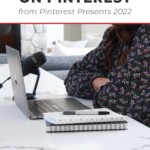 person with arms crossed sitting at laptop - text "what's new on pinterest from pinterest presents 2022".