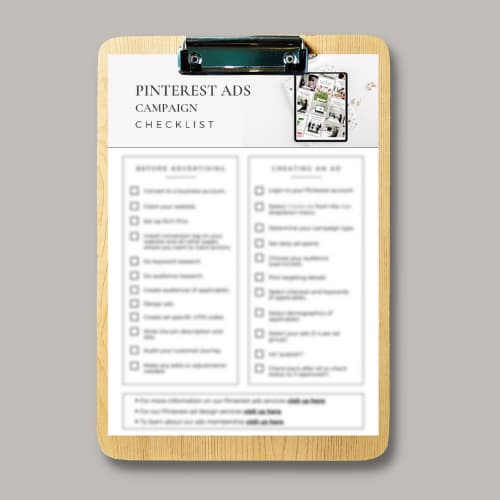 full clipboard with checklist - text "pinterest ads campaign checklist".