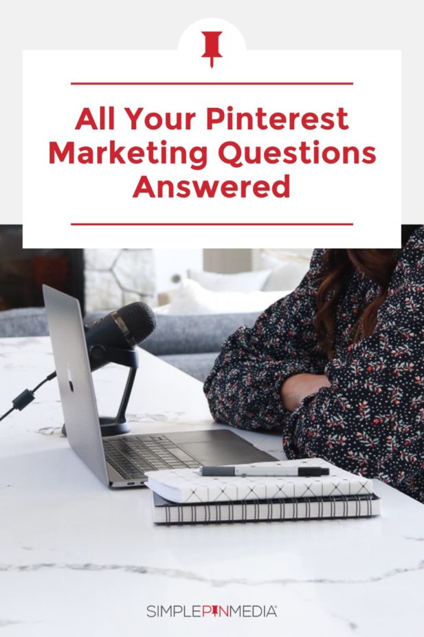 person with arms crossed sitting at laptop with text "all your pinterest marketing questions answered".