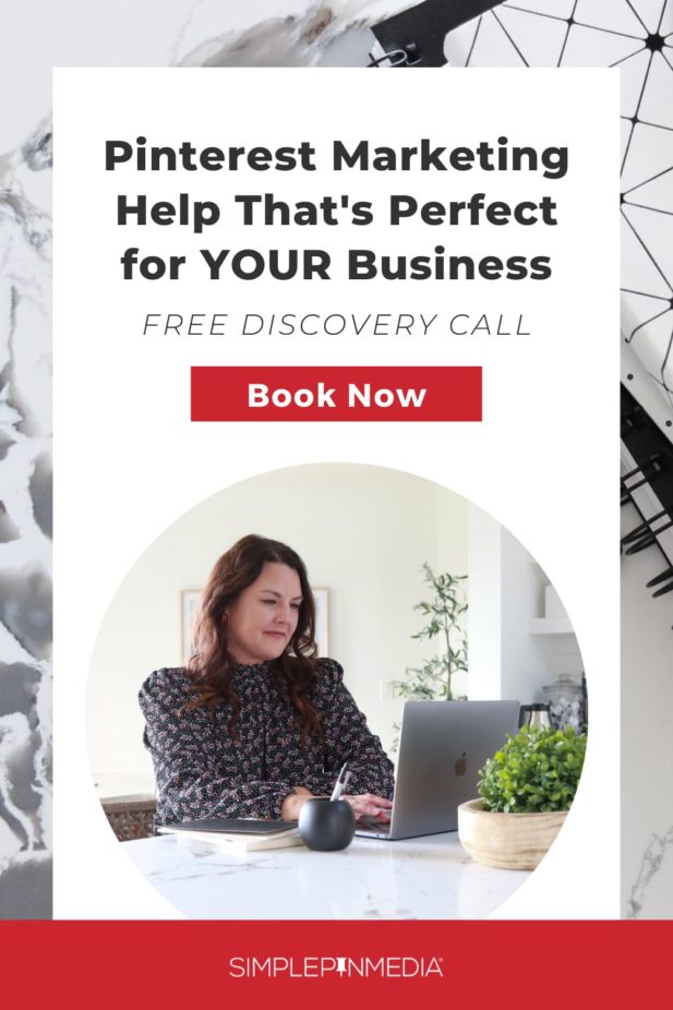 woman sitting at laptop with text "pinterest marketing help that's perfect for your business - free discovery call - book now".