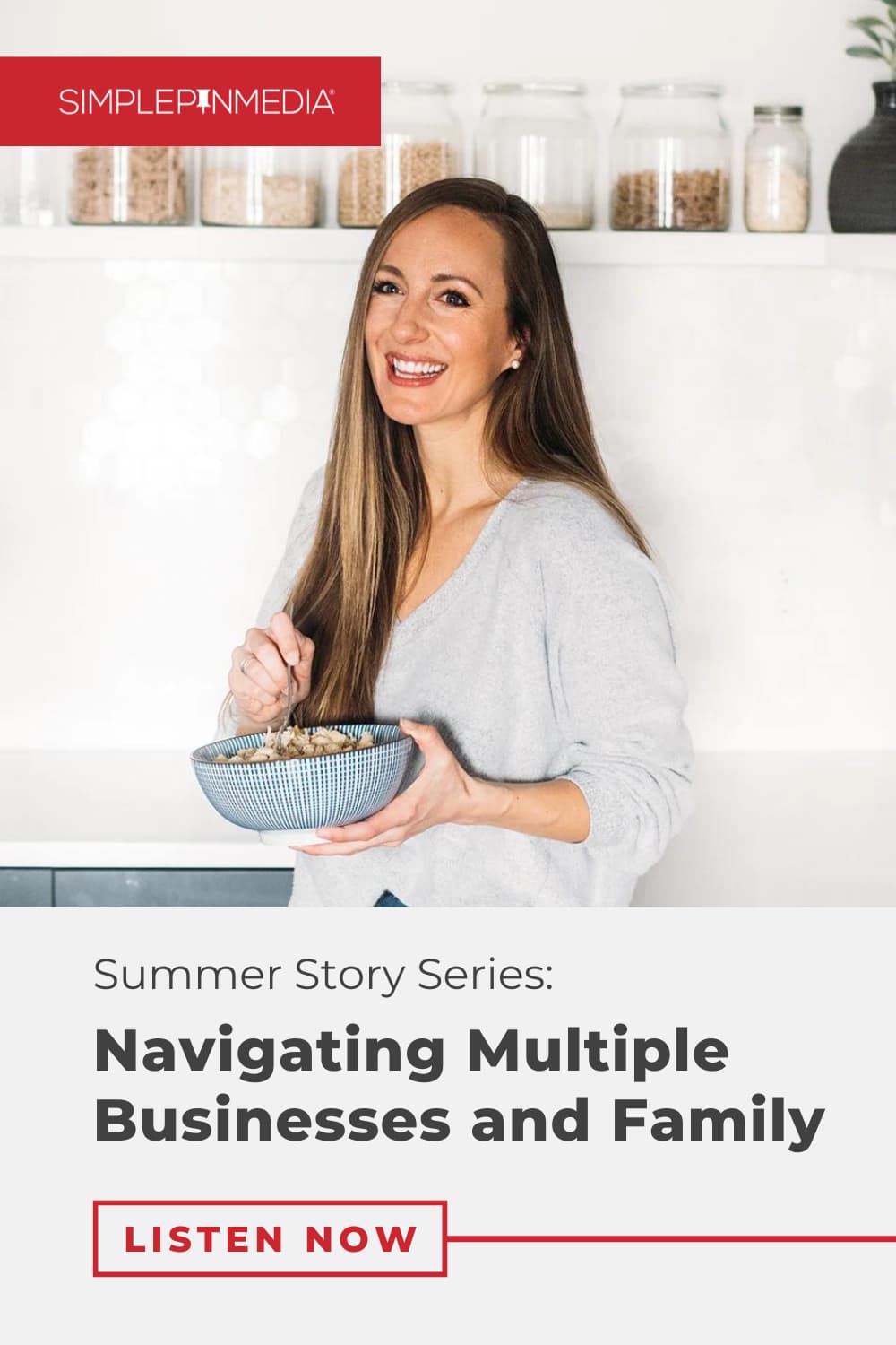 woman stirring food in bowl with text "summer story series: navigating multiple businesses and family".