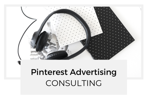 stack of journals with headphones on top with text "pinterest advertising consulting".