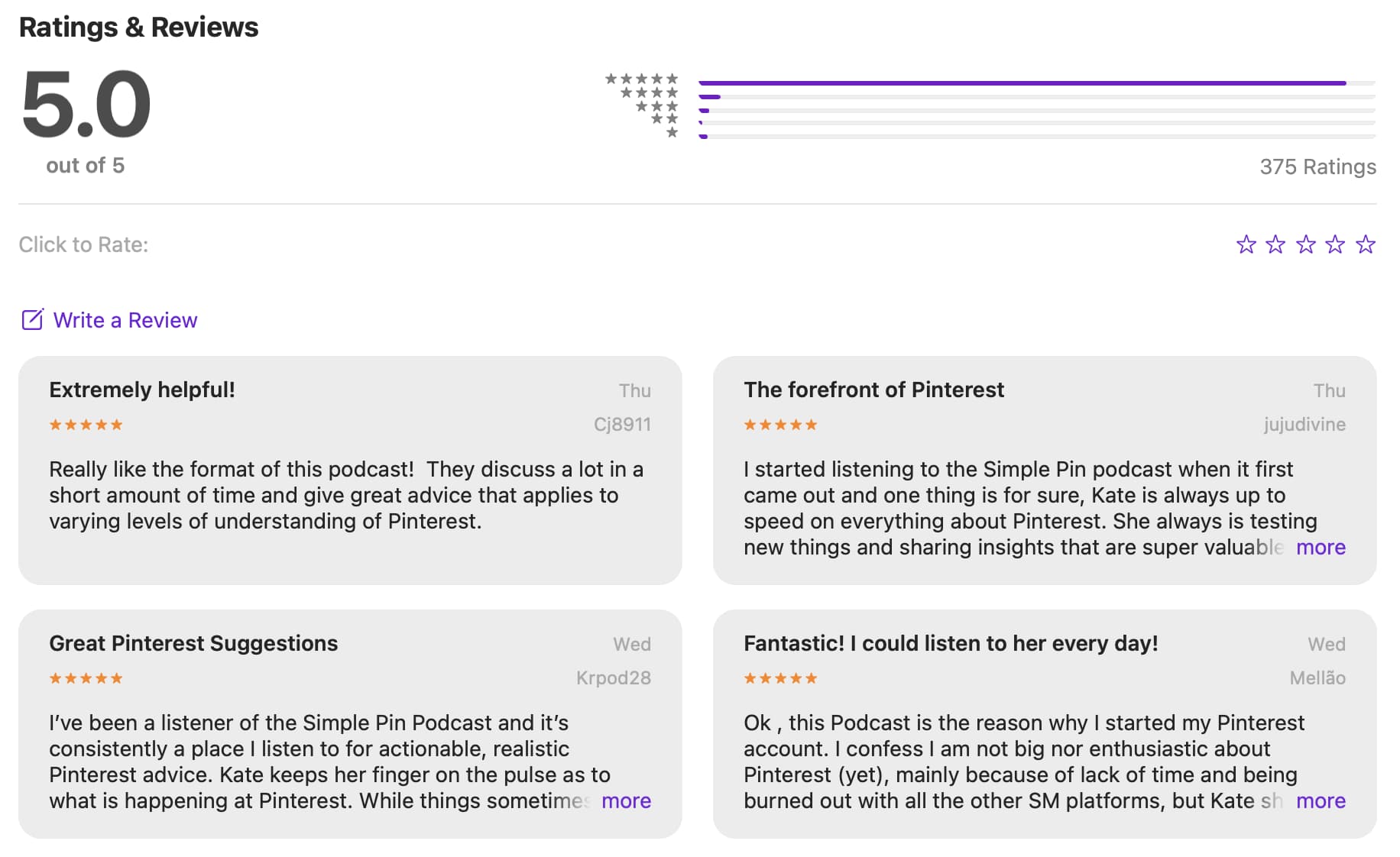 screenshot of podcast reviews.