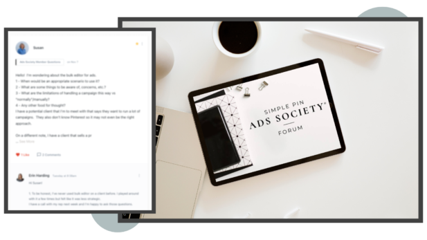 ipad on desk with text on screen "simple pin ads society".