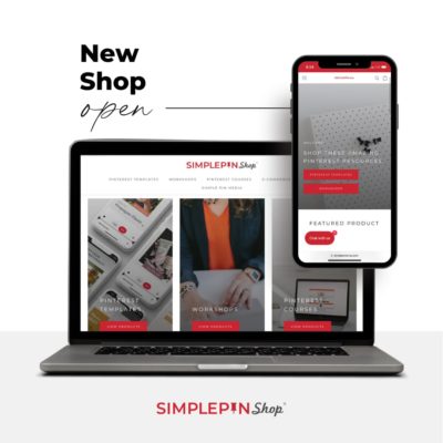 open laptop next to iphone with text "new shop open - simple pin shop".