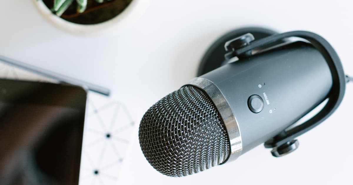 overhead shot of microphone sitting on table.