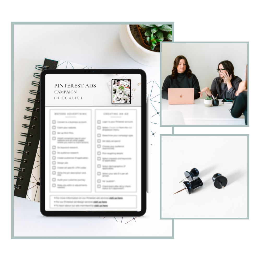 collage of images featuring pinterest ads campaign checklist.