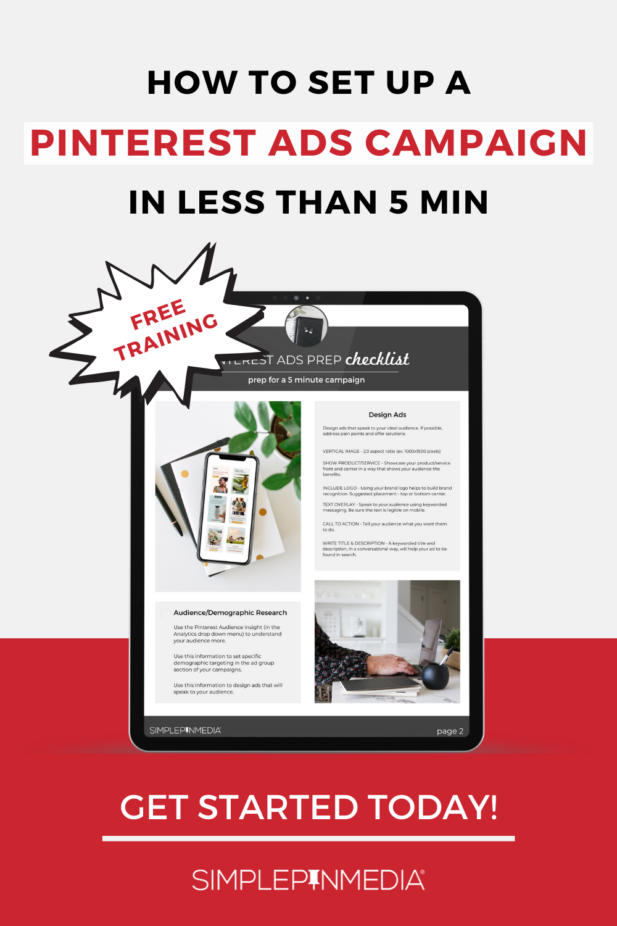 ipad with checklist on screen with text "how to set up a pinterest ads campaign in less than 5 min - free training".