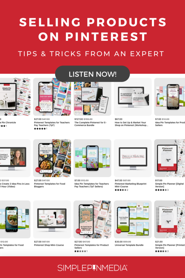 grid of product images with text "selling products on pinterest - tips & tricks from an expert".